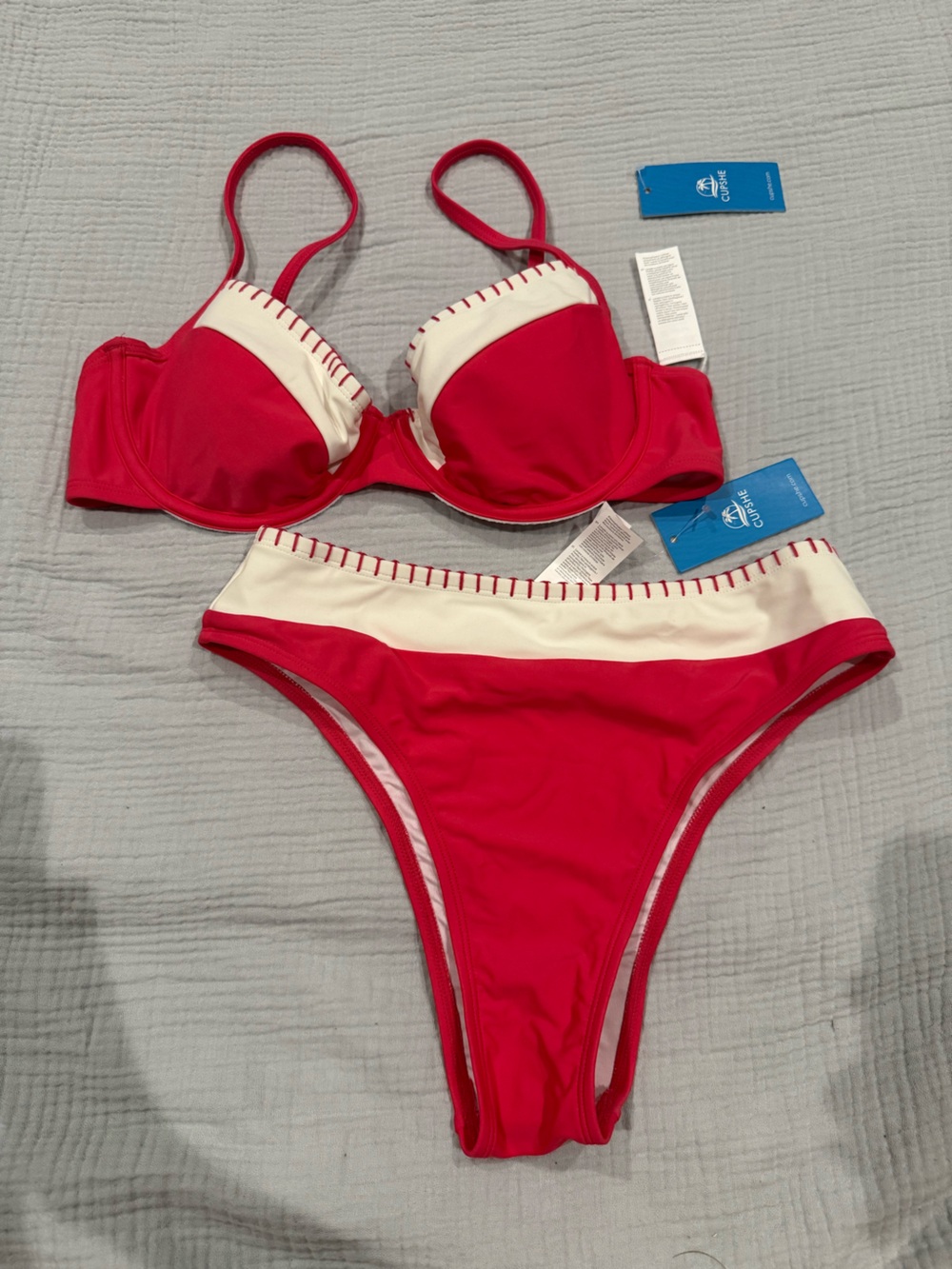 Cupshe Red and White Contrast Bandeau Bikini Set